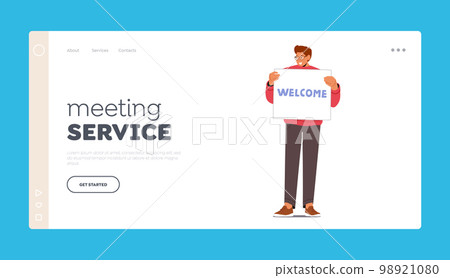 Meeting Service Landing Page Template. Travel and Hospitality with Male Character Holding Welcome Banner Illustration Meeting Service Landing Page Template. Travel and Hospitality with Male Character Holding Welcome Banner Illustration 98921080