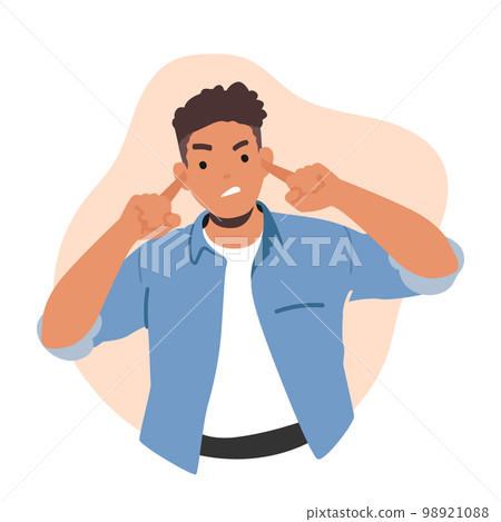 Angry Male Character Plug Ears. Man With Furrowed Eyebrows, Tightly-clenched Jaws And Intense Gaze, Frustration 98921088