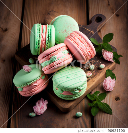 Cakes macaron or macaroon stack on wooden table, pink and green cookis with mint leaves and flowers. Cakes macaron or macaroon stack on wooden table, pink and green cookis with mint leaves and flowers. 98921100