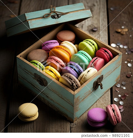 Cakes macaron or macaroon in wooden vintage box on rustic table, colorful bright cookies. Cakes macaron or macaroon in wooden vintage box on rustic table, colorful bright cookies. 98921101