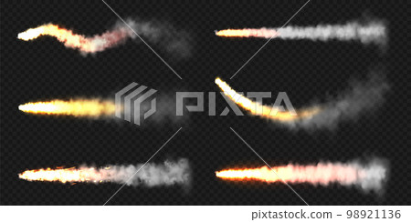 Realistic space rocket launch trails. Fire burst, explosion. Missile or bullet trail. Jet aircraft tracks. Smoke clouds, fog. Steam flow. Vector illustration. Realistic space rocket launch trails. Fire burst, explosion. Missile or bullet trail. Jet aircraft tracks. Smoke clouds, fog. Steam flow. Vector illustration. 98921136