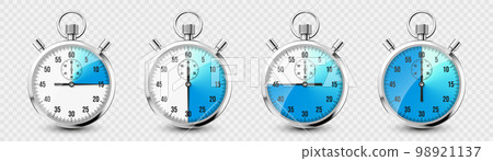 Realistic classic stopwatch icons. Shiny metal chronometer, time counter with dial. Blue countdown timer showing minutes and seconds. Time measurement for sport, start and finish. Vector illustration 98921137