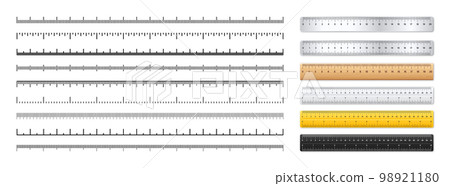 Realistic metal and plastic rulers. Measurement scales with divisions. Scale for measuring length or height in centimeters, inches. Ruler, tape measure marks, size indicators. Vector illustration 98921180