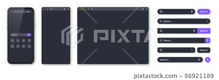 Smartphone, blank internet browser window and search bar templates, dark mode. Web site engine with search box, address bar and text field. UI design, website interface elements. Vector illustration 98921189