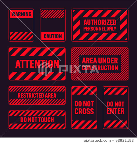 Various red warning signs with diagonal lines. Attention, danger or caution sign, construction site signage. Realistic notice signboard, warning banner, road shield. Vector illustration 98921198