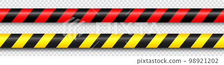 Realistic barricade construction tape. Yellow and red police warning line, danger or hazard stripe, ribbon. Under construction sign. Restricted area, zone. Attention symbol. Vector illustration Realistic barricade construction tape. Yellow and red police warning line, danger or hazard stripe, ribbon. Under construction sign. Restricted area, zone. Attention symbol. Vector illustration 98921202