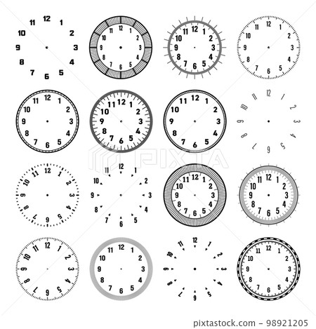 Mechanical clock faces with arabic numerals, bezel. Watch dial with minute, hour marks and numbers. Timer or stopwatch element. Blank measuring circle scale with divisions. Vector illustration 98921205