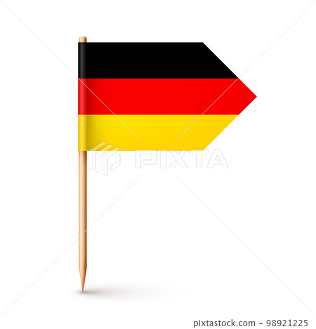 Realistic German toothpick flag. Souvenir from Germany. Wooden toothpick with paper flag. Location mark, map pointer. Blank mockup for advertising and promotions. Vector illustration 98921225