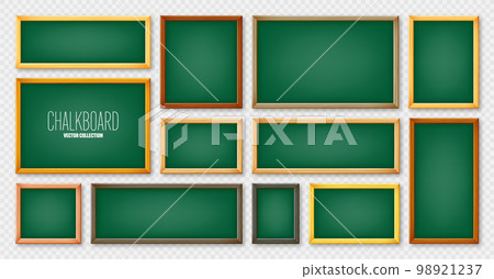 Realistic various chalkboards in a wooden frame. Green restaurant menu board. School blackboard, writing surface for text or drawing. Blank advertising or presentation boards. Vector illustration Realistic various chalkboards in a wooden frame. Green restaurant menu board. School blackboard, writing surface for text or drawing. Blank advertising or presentation boards. Vector illustration 98921237