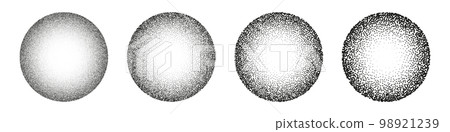 Round shaped dotted objects, stipple elements. Fading gradient. Stippling, dotwork drawing, shading using dots. Pixel disintegration, halftone effect. White noise grainy texture. Vector illustration Round shaped dotted objects, stipple elements. Fading gradient. Stippling, dotwork drawing, shading using dots. Pixel disintegration, halftone effect. White noise grainy texture. Vector illustration 98921239