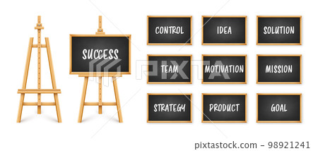 Black chalkboard on wooden easel. Blackboard in wooden frame on a tripod. Presentation board with text, writing or drawing surface. Leadership and success, goals achievement. Vector illustration Black chalkboard on wooden easel. Blackboard in wooden frame on a tripod. Presentation board with text, writing or drawing surface. Leadership and success, goals achievement. Vector illustration 98921241