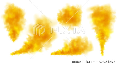 Yellow colorful smoke clouds isolated on white background, realistic mist effect, fog. Vapor in the air, steam flow. Vector illustration 98921252