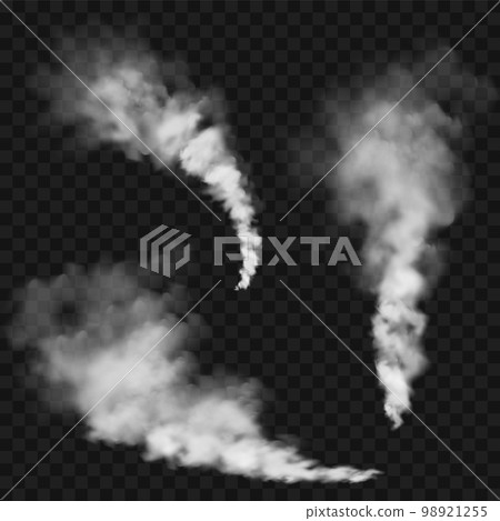 Realistic smoke clouds. Stream of smoke from burning objects. Transparent fog effect. White steam, mist. Vector design element. 98921255