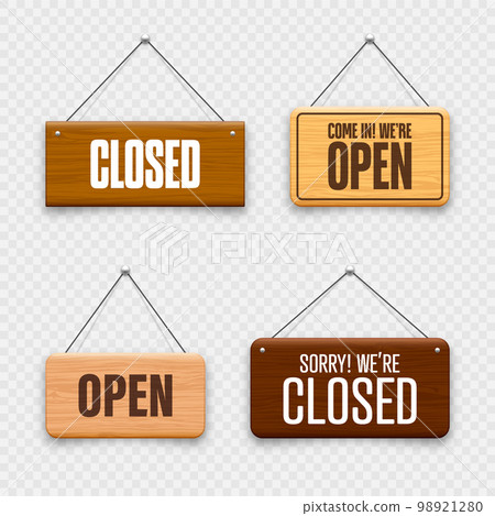 Wooden open or closed hanging signboards. Made of wood door sign for cafe, restaurant, bar or retail store. Announcement banner, information signage for business or service. Vector illustration Wooden open or closed hanging signboards. Made of wood door sign for cafe, restaurant, bar or retail store. Announcement banner, information signage for business or service. Vector illustration 98921280