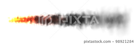 Realistic black smoke with fire, space rocket launch trail. Fire burst, explosion. Missile or bullet trace. Jet aircraft track. Smoke clouds, fog. Steam flow. Vector illustration 98921284