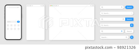 Smartphone, blank internet browser window with various search bar templates. Web site engine with search box, address bar and text field. UI design, website interface elements. Vector illustration 98921326