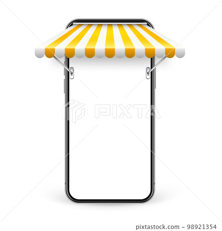 Smartphone with shop sunshade and metal mount, online internet shopping. Realistic yellow striped cafe awning. Outdoor market tent. Roof canopy. Summer street store. Vector illustration Smartphone with shop sunshade and metal mount, online internet shopping. Realistic yellow striped cafe awning. Outdoor market tent. Roof canopy. Summer street store. Vector illustration 98921354
