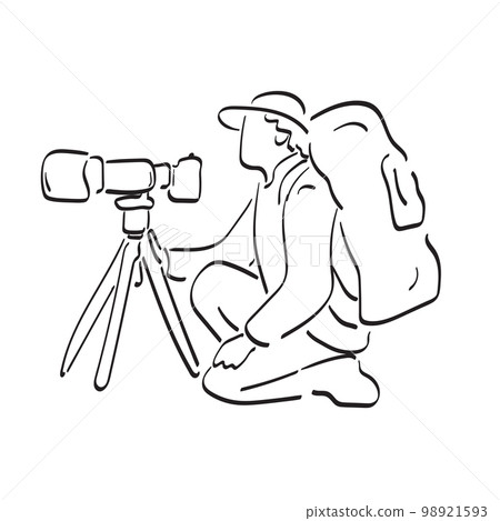 Professional travel photographer with camera big lens tripod illustration vector hand drawn isolated on white background line art. 98921593