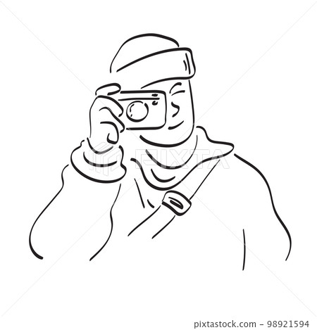 half length male photographer using compact camera illustration vector hand drawn isolated on white background line art. 98921594