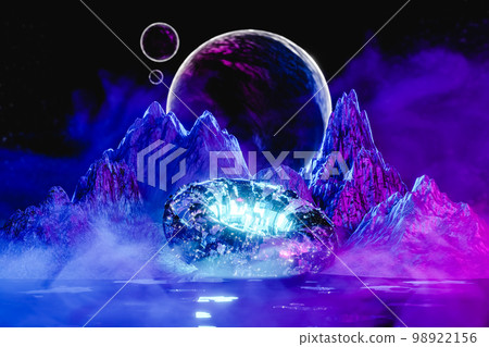 Modern futuristic neon abstract background. Spaceship ring in the center.3d render 98922156