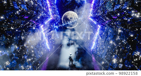Astronaut in spaceship admiring moon with scifi ring. 3d render Astronaut in spaceship admiring moon with scifi ring. 3d render 98922158