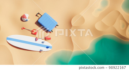 Sandy beach with toys suitcase and surfboard 98922167