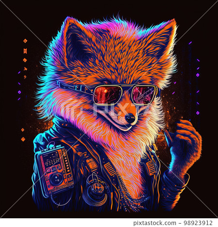 Party fox in sunglasses and headphones listening music. Pop art style in neon colors. Generative AI 98923912