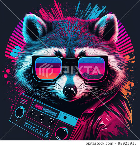 Cool neon party raccoon with boombox. Generative AI Cool neon party raccoon with boombox. Generative AI 98923913