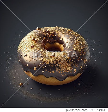 Donut with chocolate glaze and star sprinkles on black background, close up. AI Donut with chocolate glaze and star sprinkles on black background, close up. AI 98923961