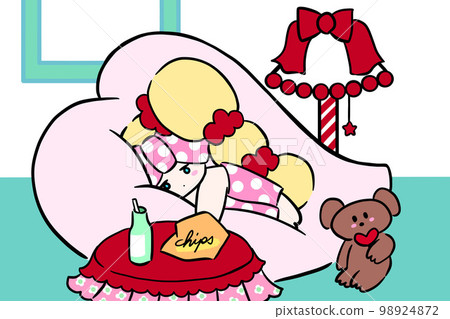 邊睡邊吃甜食快要睡著的女孩絕望手繪插畫流行可愛 98924872