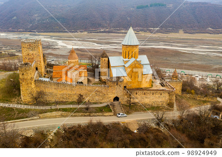 View from drone of ancient Ananuri Castle complex, Georgia View from drone of ancient Ananuri Castle complex, Georgia 98924949