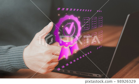 Businessman working with sign of the top service quality assurance on virtual screen. Guarantee, Standards, ISO certification and standardization concept. Businessman working with sign of the top service quality assurance on virtual screen. Guarantee, Standards, ISO certification and standardization concept. 98926329