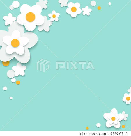 Paper cut spring floral background with white flowers on cyan Paper cut spring floral background with white flowers on cyan 98926741