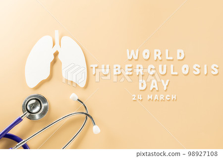 World TB Day. Top view of lungs paper symbol and medical stethoscope on pastel background, copy space, lung cancer awareness, concept of world tuberculosis day, banner background, pneumonia 98927108