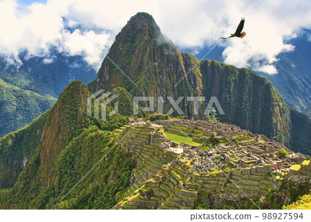 A superb view of the ruins of Machu Picchu, the floating city of the Inca Empire 98927594