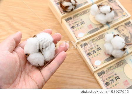Cotton price market Holding cotton in hand Commodity futures trading Stairs of million yen wads 10 million yen 2022 10,000 yen bill 98927645