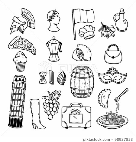 Italy. Vector doodle illustration. Set of black and white icons. Travel and sightseeing. Europe. 98927838
