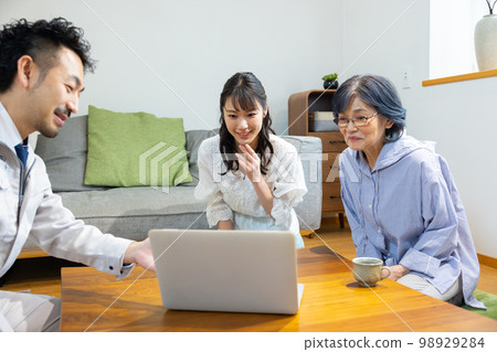 穿工作服的男人、高級女性和年輕女性 98929284