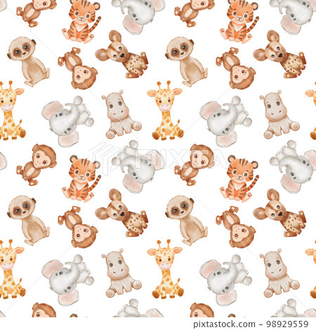 Safari animals seamless pattern. Cute baby watercolor hippo, elephant and tiger on white background. Safari animals seamless pattern. Cute baby watercolor hippo, elephant and tiger on white background. 98929559