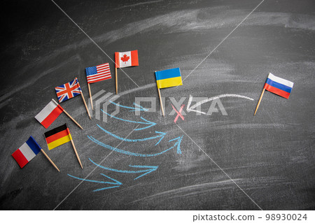 World aid to ukraine concept. Flags on a dark chalkboard 98930024