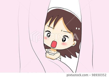 一個從窗簾裡偷看的滿臉苦惱的女孩 98930352