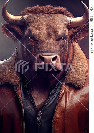 A stoic and imposing bull , with broad shoulders and a chiseled physique. His piercing gaze exudes confidence and power, embodying the essence of a fearless and indomitable man. 98931483