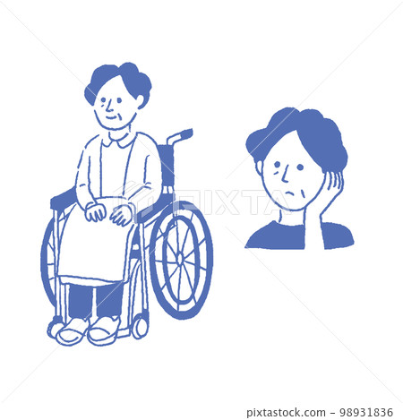 Wheelchair old woman thinking line drawing Wheelchair old woman thinking line drawing 98931836