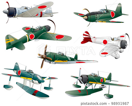 二戰期間日本帝國海軍的單座螺旋槳戰鬥機和七艘船的向量插圖集。 98931987