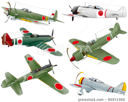 二戰期間日本陸軍航空隊六架單座螺旋槳戰鬥機的向量插圖集。 98931988