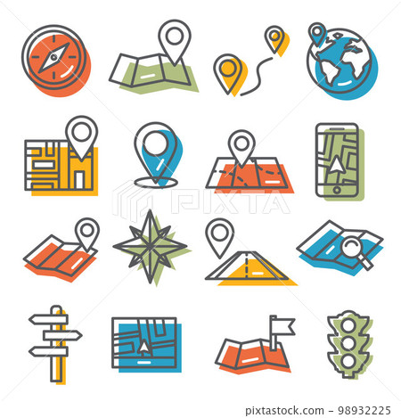 Location and map icons set on white background Location and map icons set on white background 98932225