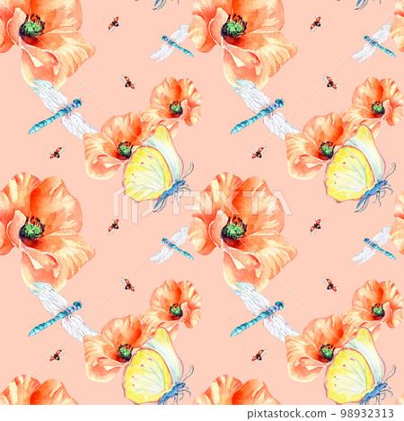 Meadow poppies with beetles watercolor seamless pattern on pink. Meadow poppies with beetles watercolor seamless pattern on pink. 98932313