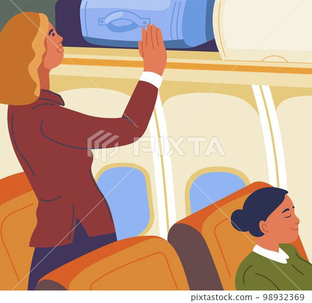 Female character putting luggage on shelf in plane 98932369
