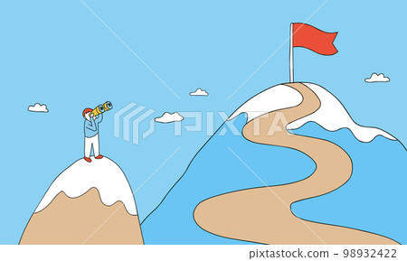 Illustration of a person who achieves a small goal and sets the next goal Illustration of a person who achieves a small goal and sets the next goal 98932422