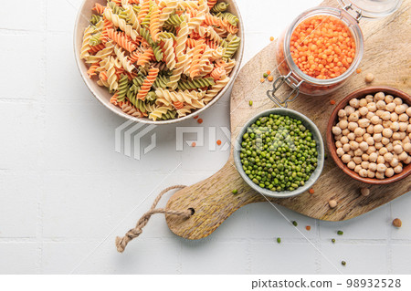 A variety of fusilli pasta from different types of legumes. Gluten-free pasta. 98932528